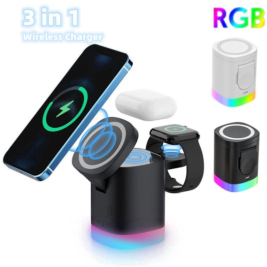 3 In 1 Magnetic Wireless Fast Charger For Smart Phone RGB Ambient Light Charging Station For Airpods IWatch - AMI Electronics & Sounds