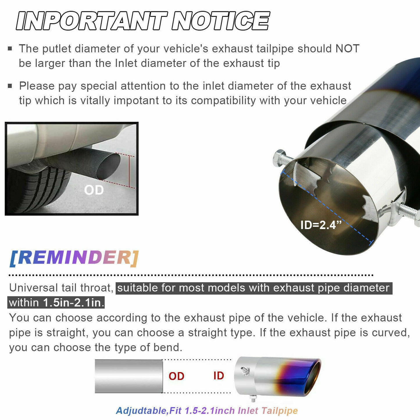 Car Exhaust Pipe Tip Rear Tail Throat Muffler Stainless Steel Round Accessories - AMI Electronics & Sounds